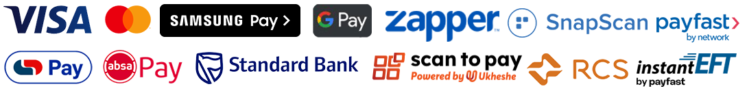 Secure checkout with Visa, Mastercard, Google Pay, Samsung Pay, Zapper, Apple Pay, Standard Bank, SnapScan, PayFast and EFT